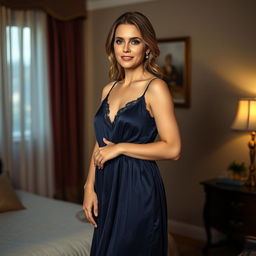 A woman standing confidently in a beautiful nightgown, the fabric flowing elegantly to accentuate her figure