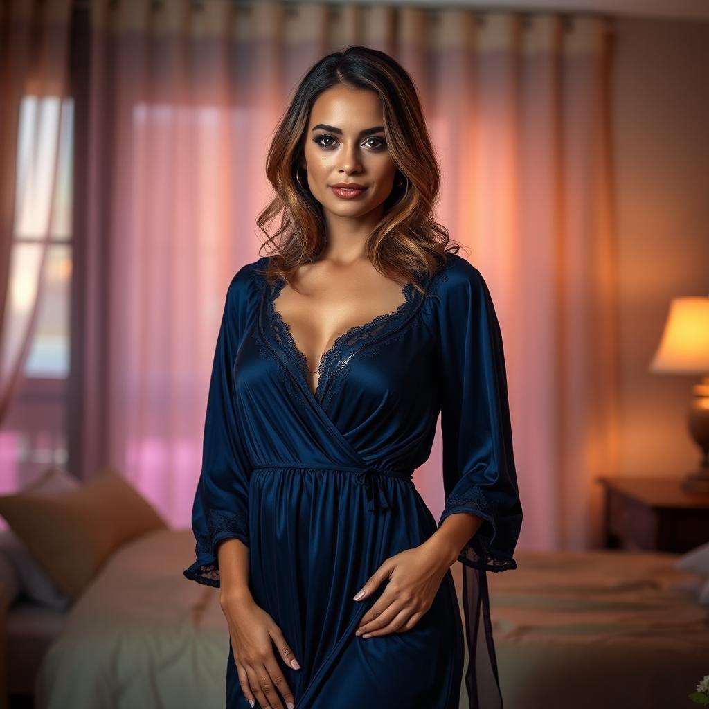 A woman standing confidently in a beautiful nightgown, the fabric flowing elegantly to accentuate her figure