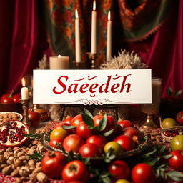 A festive Iranian Yalda Night pack featuring traditional elements such as pomegranates, nuts, candles, and a beautifully arranged table adorned with red and green fruits