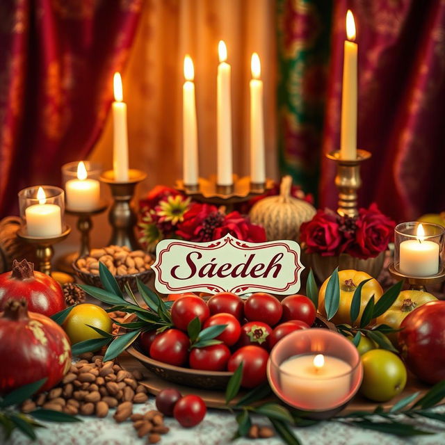 A festive Iranian Yalda Night pack featuring traditional elements such as pomegranates, nuts, candles, and a beautifully arranged table adorned with red and green fruits
