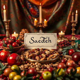 A festive Iranian Yalda Night pack featuring traditional elements such as pomegranates, nuts, candles, and a beautifully arranged table adorned with red and green fruits