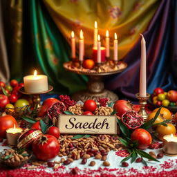 A festive Iranian Yalda Night pack featuring traditional elements such as pomegranates, nuts, candles, and a beautifully arranged table adorned with red and green fruits