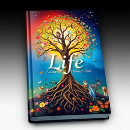 A visually captivating book cover on the theme of 'Life', featuring a vibrant tree with roots and branches intertwined, symbolizing interconnectedness and growth