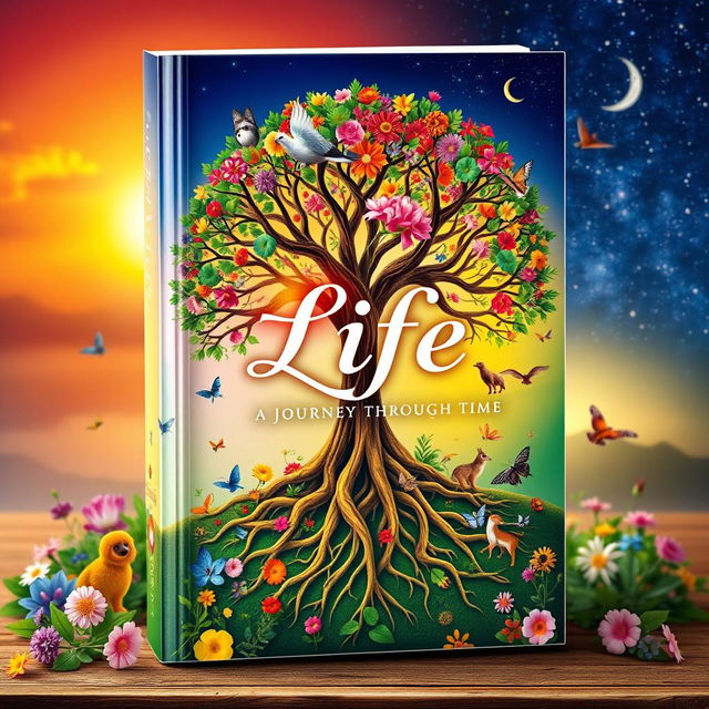 A visually captivating book cover on the theme of 'Life', featuring a vibrant tree with roots and branches intertwined, symbolizing interconnectedness and growth