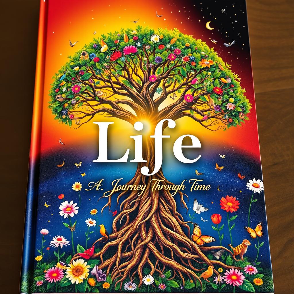 A visually captivating book cover on the theme of 'Life', featuring a vibrant tree with roots and branches intertwined, symbolizing interconnectedness and growth