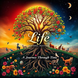 A visually captivating book cover on the theme of 'Life', featuring a vibrant tree with roots and branches intertwined, symbolizing interconnectedness and growth