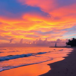 A beautiful sunset over a tranquil beach, with vibrant hues of orange, pink, and purple filling the sky