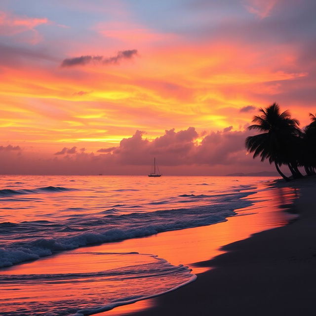 A beautiful sunset over a tranquil beach, with vibrant hues of orange, pink, and purple filling the sky