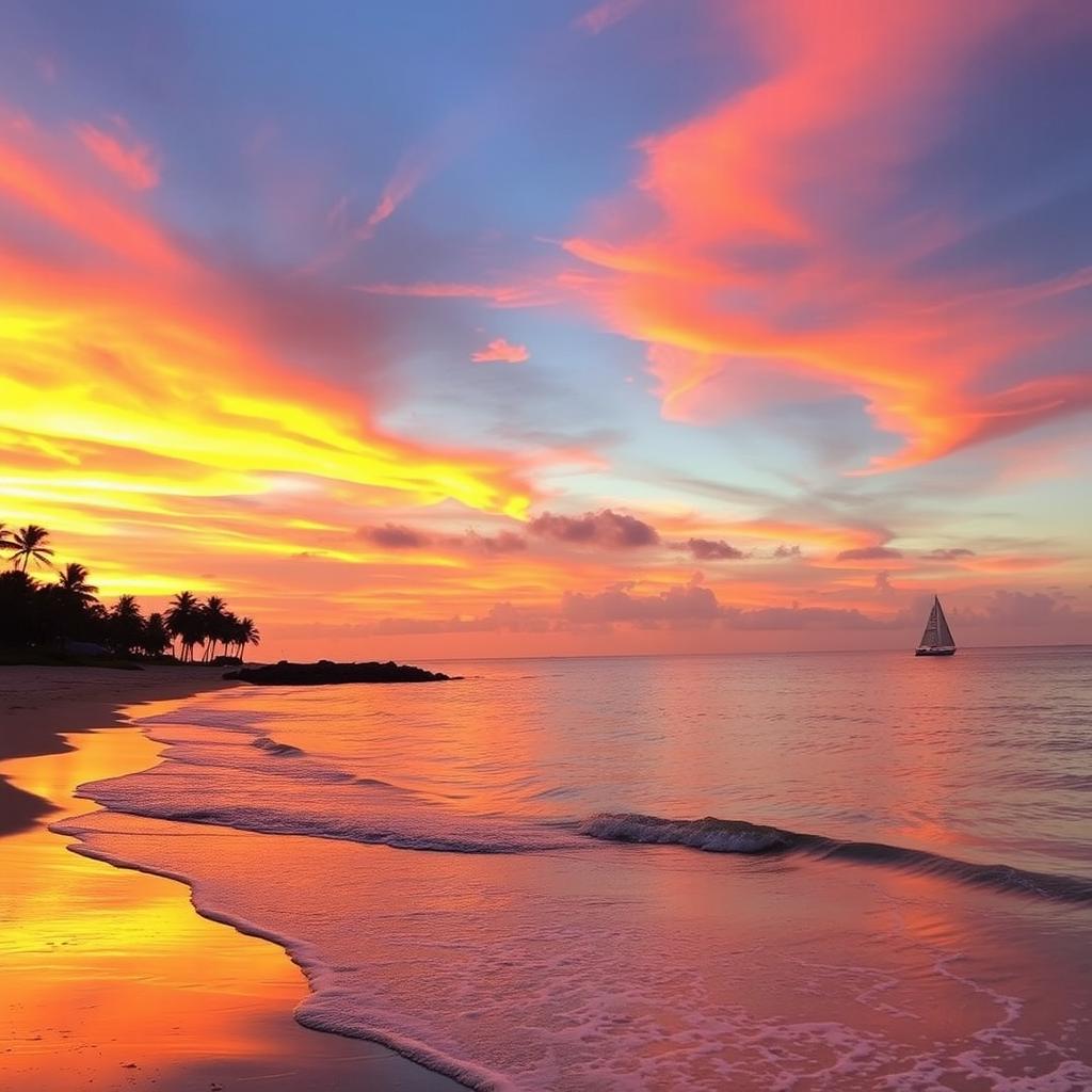 A beautiful sunset over a tranquil beach, with vibrant hues of orange, pink, and purple filling the sky