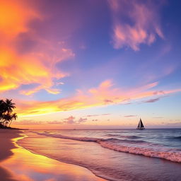 A beautiful sunset over a tranquil beach, with vibrant hues of orange, pink, and purple filling the sky