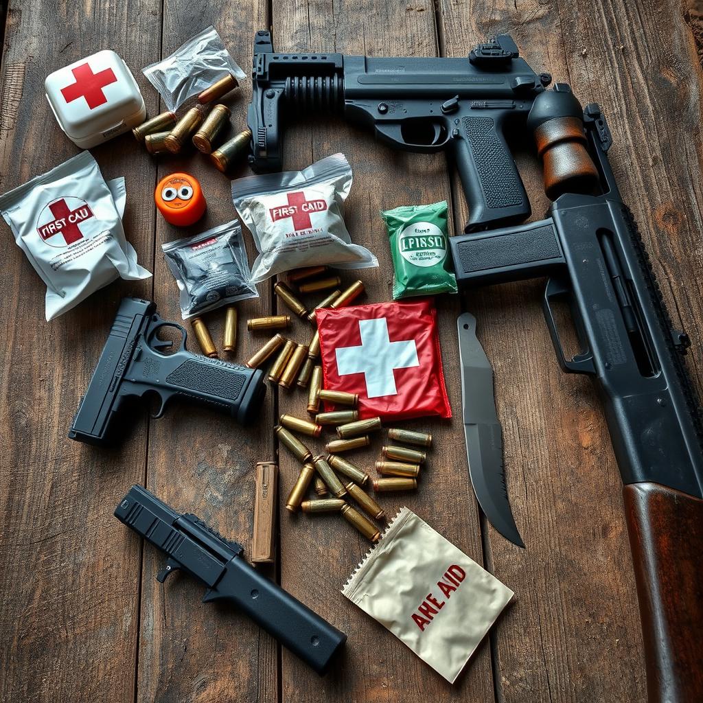 A detailed image of a weathered, dusty wooden table featuring an array of first aid supplies, several bullet casings, a handgun, a kukri knife, and an AK-47