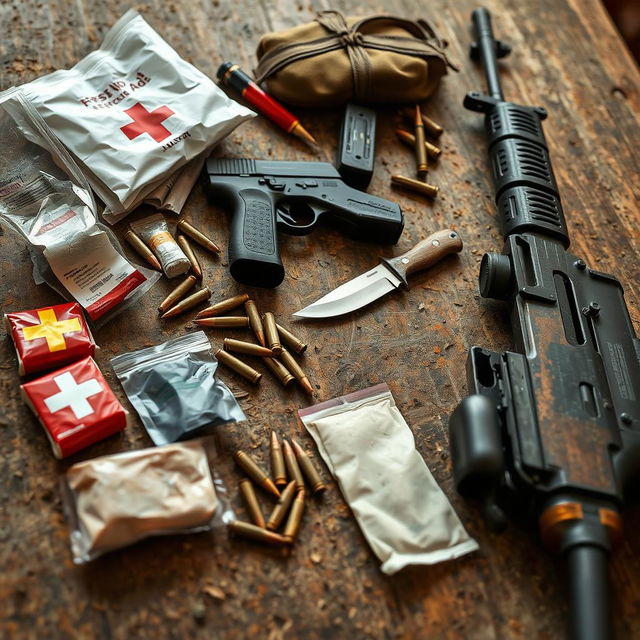 A detailed image of a weathered, dusty wooden table featuring an array of first aid supplies, several bullet casings, a handgun, a kukri knife, and an AK-47