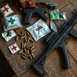 A detailed image of a weathered, dusty wooden table featuring an array of first aid supplies, several bullet casings, a handgun, a kukri knife, and an AK-47