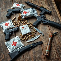 A detailed image of a weathered, dusty wooden table featuring an array of first aid supplies, several bullet casings, a handgun, a kukri knife, and an AK-47