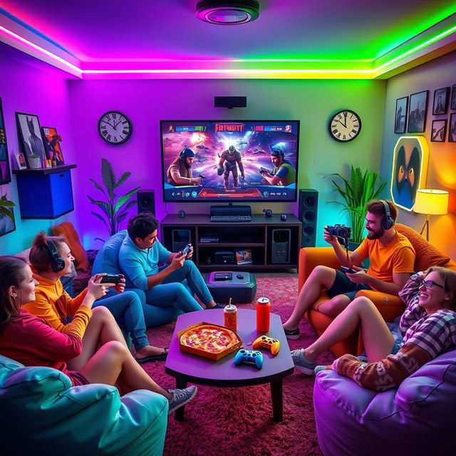 An imaginative and vibrant scene depicting a group of diverse gamers playing a variety of video games in a cozy living room filled with gaming paraphernalia