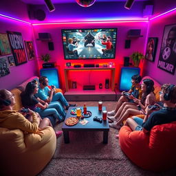 An imaginative and vibrant scene depicting a group of diverse gamers playing a variety of video games in a cozy living room filled with gaming paraphernalia