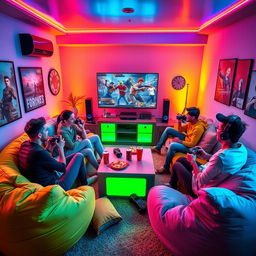 An imaginative and vibrant scene depicting a group of diverse gamers playing a variety of video games in a cozy living room filled with gaming paraphernalia