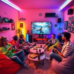 An imaginative and vibrant scene depicting a group of diverse gamers playing a variety of video games in a cozy living room filled with gaming paraphernalia