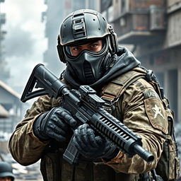 A Cod soldier in tactical gear, wearing a sleek, high-tech mask that covers his face