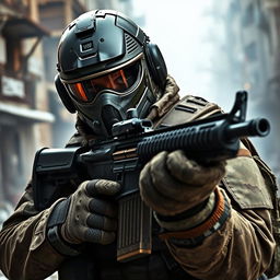 A Cod soldier in tactical gear, wearing a sleek, high-tech mask that covers his face