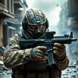A Cod soldier in tactical gear, wearing a sleek, high-tech mask that covers his face