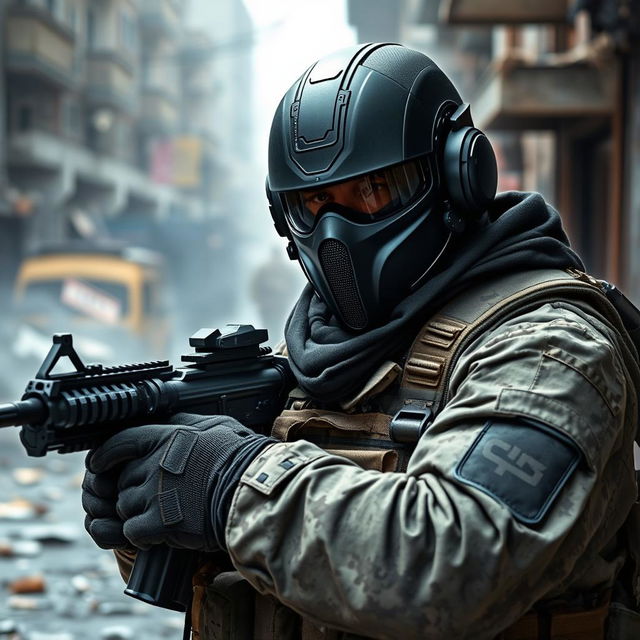 A Cod soldier in tactical gear, wearing a sleek, high-tech mask that covers his face