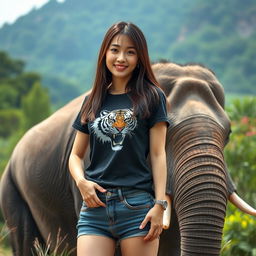 A beautiful Korean woman wearing a black t-shirt featuring a tiger design, paired with short denim jeans