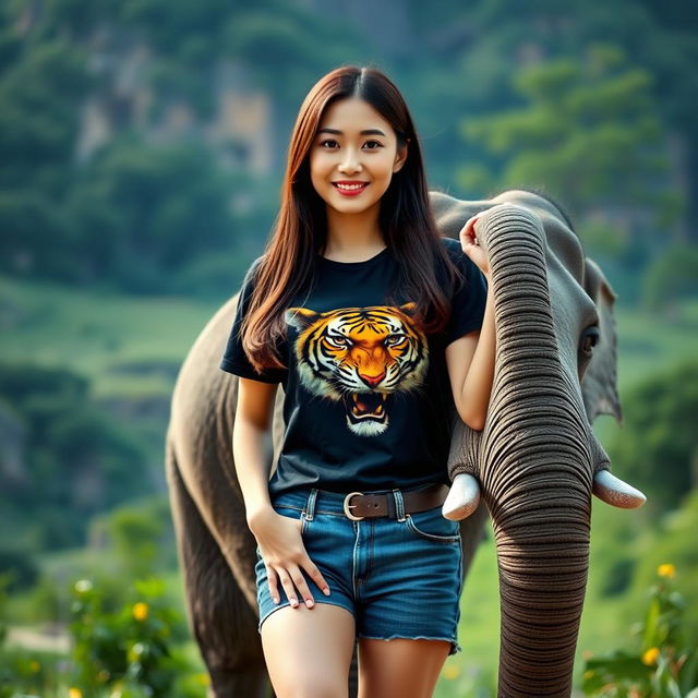 A beautiful Korean woman wearing a black t-shirt featuring a tiger design, paired with short denim jeans