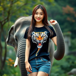 A beautiful Korean woman wearing a black t-shirt featuring a tiger design, paired with short denim jeans