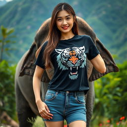 A beautiful Korean woman wearing a black t-shirt featuring a tiger design, paired with short denim jeans
