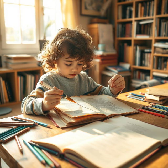 A young child carefully restoring an old, vintage document in a cozy, sunlit room filled with books and art supplies