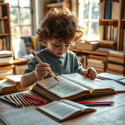 A young child carefully restoring an old, vintage document in a cozy, sunlit room filled with books and art supplies