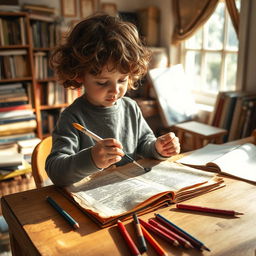 A young child carefully restoring an old, vintage document in a cozy, sunlit room filled with books and art supplies