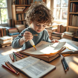 A young child carefully restoring an old, vintage document in a cozy, sunlit room filled with books and art supplies