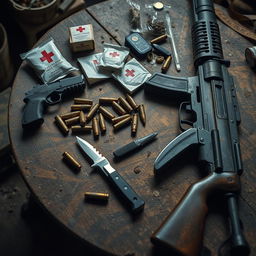 A detailed image featuring a worn, dusty wooden table displaying first aid supplies, several bullet casings, a handgun, a kukri knife, and an AK-47 assault rifle