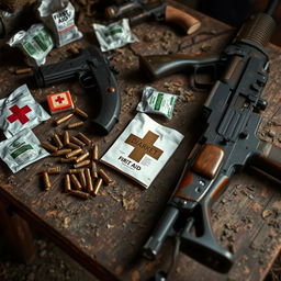 A detailed image featuring a worn, dusty wooden table displaying first aid supplies, several bullet casings, a handgun, a kukri knife, and an AK-47 assault rifle