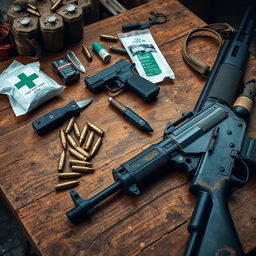 A detailed image featuring a worn, dusty wooden table displaying first aid supplies, several bullet casings, a handgun, a kukri knife, and an AK-47 assault rifle