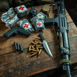 A detailed image featuring a worn, dusty wooden table displaying first aid supplies, several bullet casings, a handgun, a kukri knife, and an AK-47 assault rifle