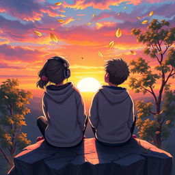 A beautiful painting of a girl and a boy sitting on a small cliff, both wearing hoodies, listening to music through headphones