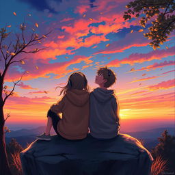 A beautiful painting of a girl and a boy sitting on a small cliff, both wearing hoodies, listening to music through headphones