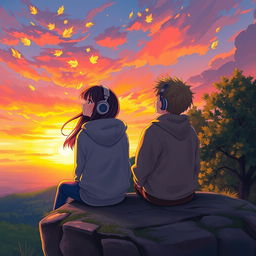 A beautiful painting of a girl and a boy sitting on a small cliff, both wearing hoodies, listening to music through headphones
