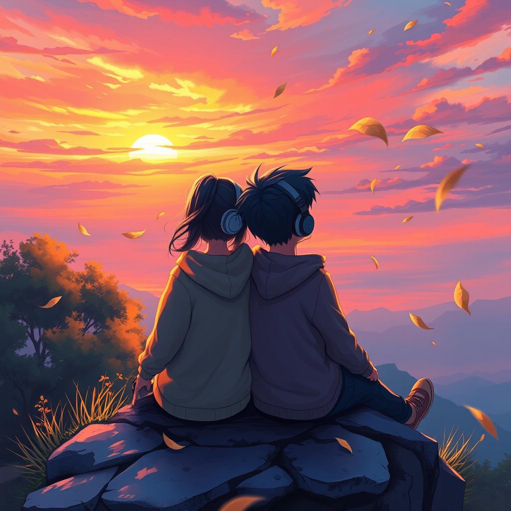 A beautiful painting of a girl and a boy sitting on a small cliff, both wearing hoodies, listening to music through headphones