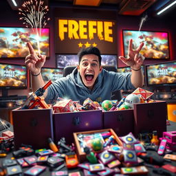 A thrilling scene depicting a gamer energetically opening various Free Fire crates filled with colorful loot, showcasing exciting items such as weapons, skins, and accessories