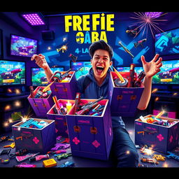 A thrilling scene depicting a gamer energetically opening various Free Fire crates filled with colorful loot, showcasing exciting items such as weapons, skins, and accessories