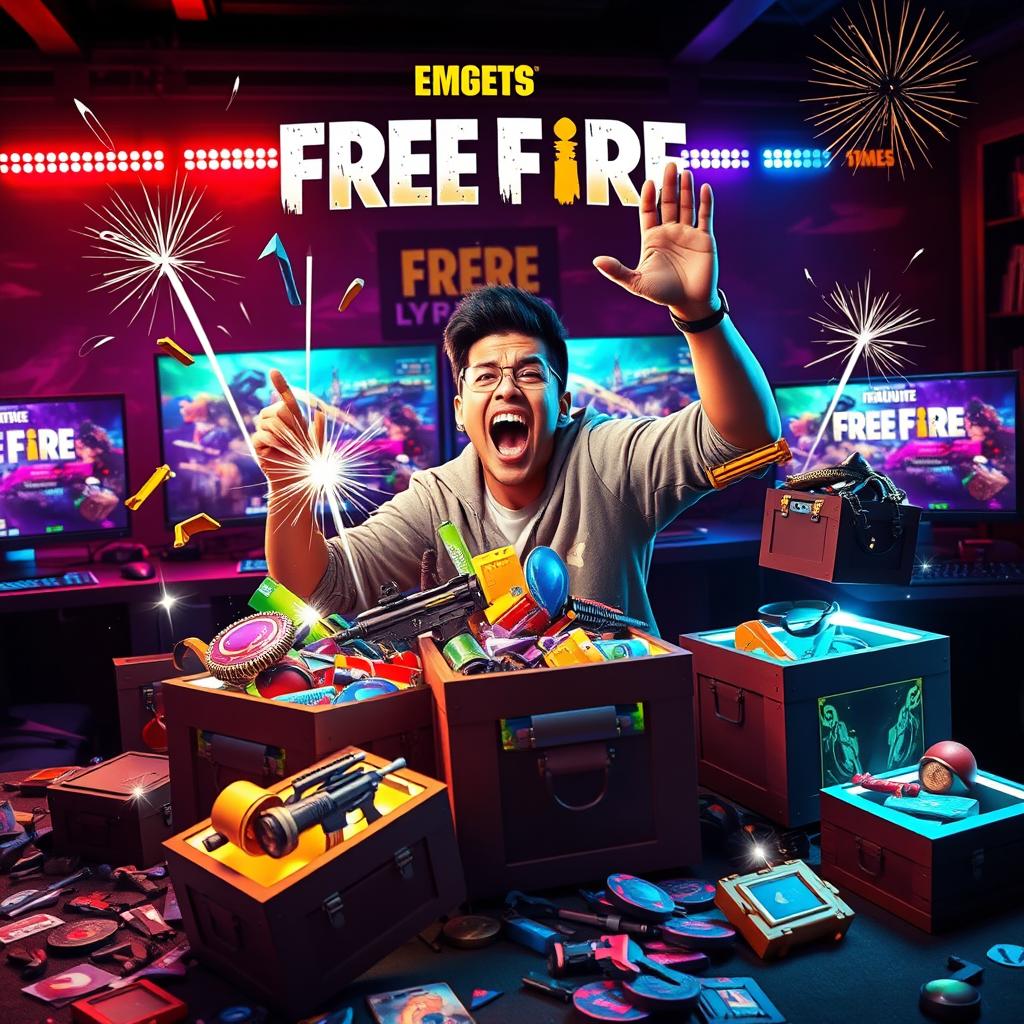 A thrilling scene depicting a gamer energetically opening various Free Fire crates filled with colorful loot, showcasing exciting items such as weapons, skins, and accessories