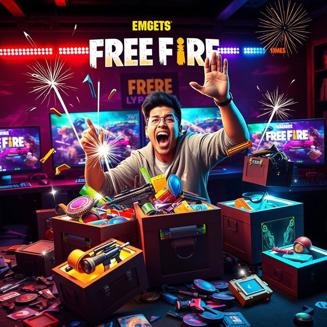 A thrilling scene depicting a gamer energetically opening various Free Fire crates filled with colorful loot, showcasing exciting items such as weapons, skins, and accessories