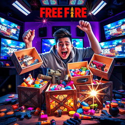 A thrilling scene depicting a gamer energetically opening various Free Fire crates filled with colorful loot, showcasing exciting items such as weapons, skins, and accessories