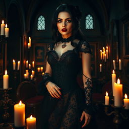 A gothic woman surrounded by a mystical, dark atmosphere, dressed in elaborate gothic fashion with intricate lace and bold colors