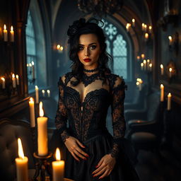 A gothic woman surrounded by a mystical, dark atmosphere, dressed in elaborate gothic fashion with intricate lace and bold colors