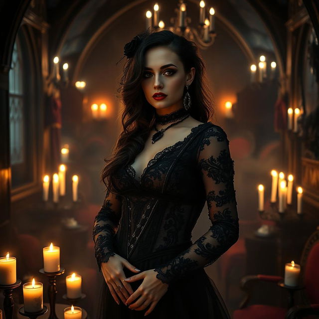 A gothic woman surrounded by a mystical, dark atmosphere, dressed in elaborate gothic fashion with intricate lace and bold colors